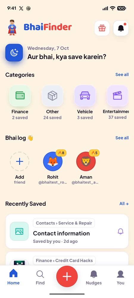 BhaiFinder home on Android