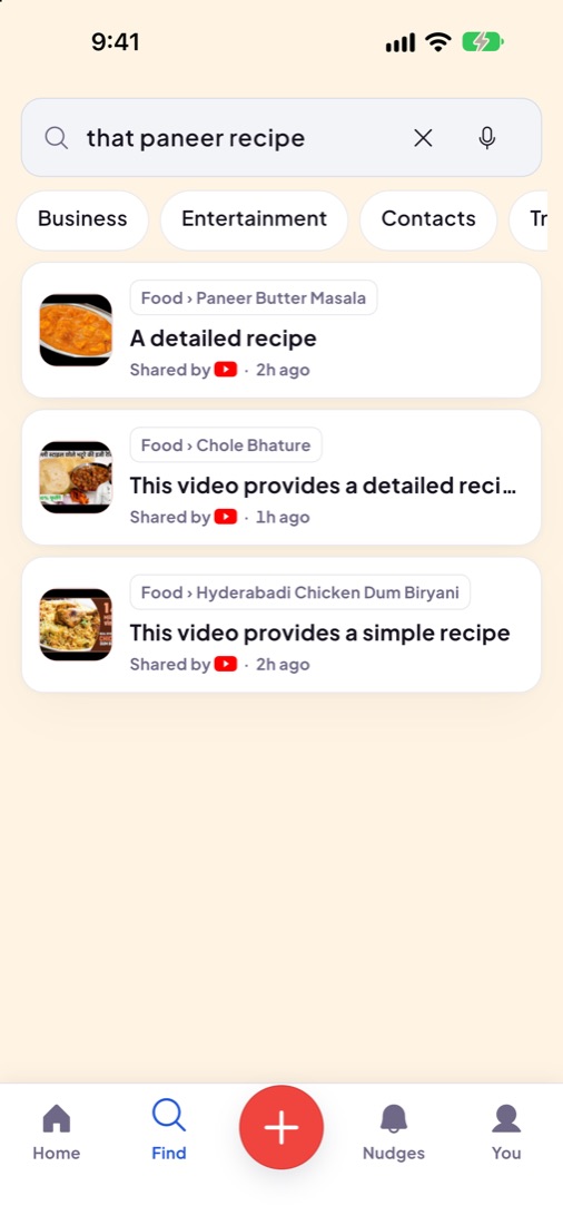 Natural-language search for 'that paneer recipe' in BhaiFinder