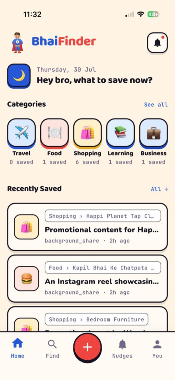 BhaiFinder home screen with items saved from WhatsApp and other apps