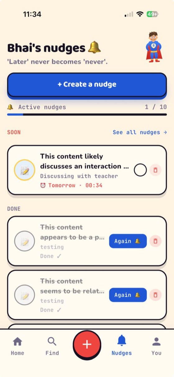 BhaiFinder Nudges reminding until a task is done