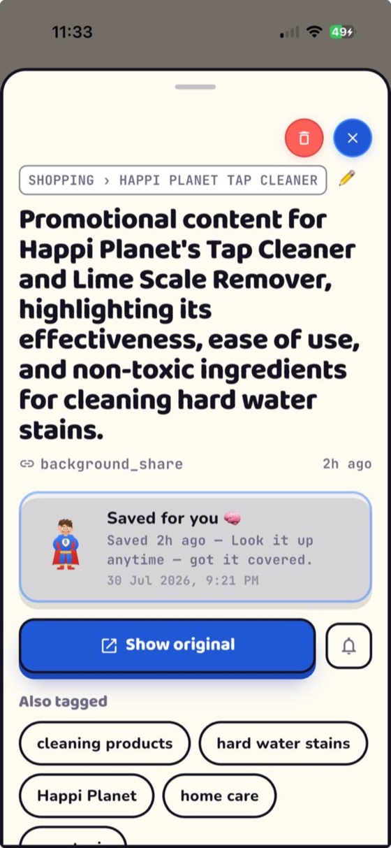 A saved item in BhaiFinder showing AI-read details and a Show original button